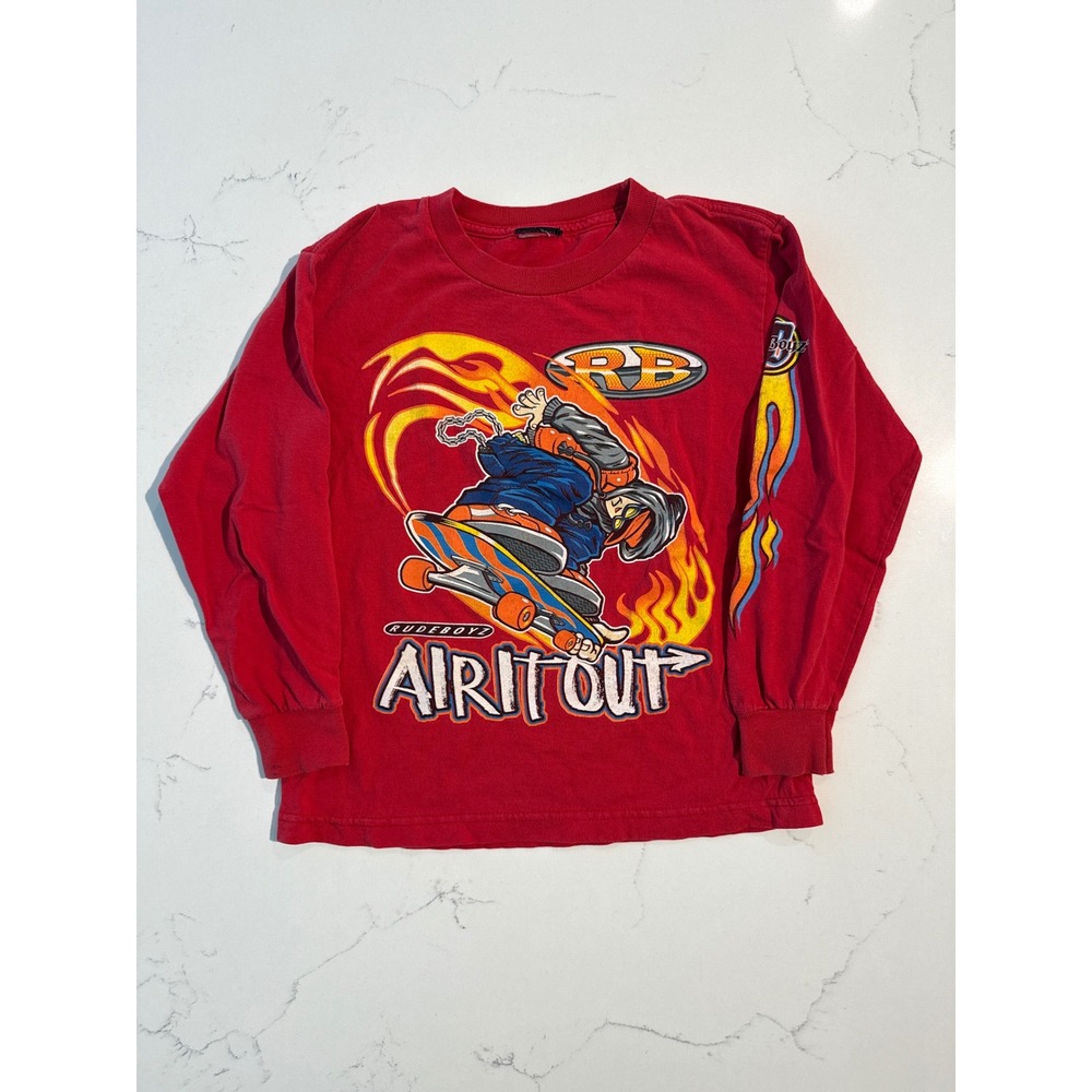 Rude Boyz Air It Out Skateboarder Flame Graphic Long Sleeve Shirt Red Kids